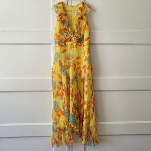 Saloni Rita Midi Dress In Echinacea Ruffle Yellow Floral 100% Silk, Size 0 $599